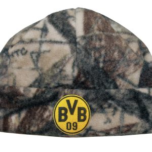 A camouflage micro fleece beanie featuring a circular logo on the front.
