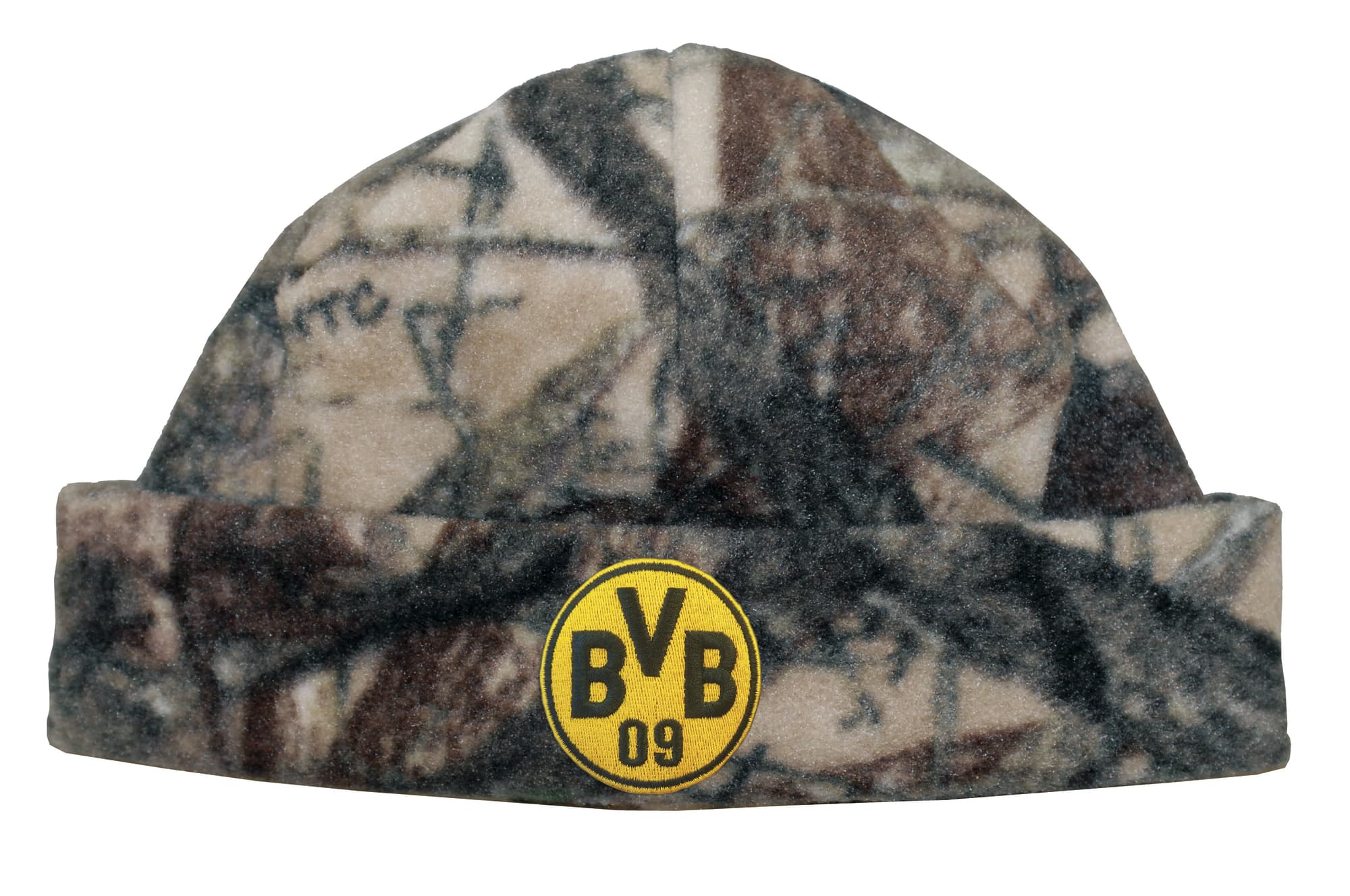 A camouflage micro fleece beanie featuring a circular logo on the front.