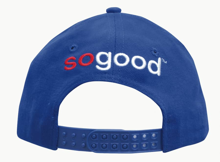 A blue cap with a snapback design featuring a logo on the back.