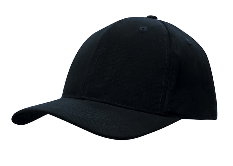 A black cap with a curved brim and snapback closure, featuring a logo on the front.