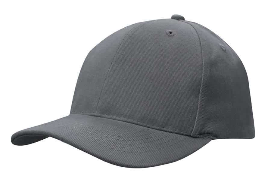 A grey cap with a snapback design, featuring a solid fabric and an understated style.