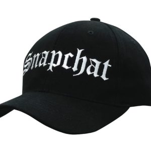 A black cap with a white embroidered logo. It features a curved brim and a snapback closure.