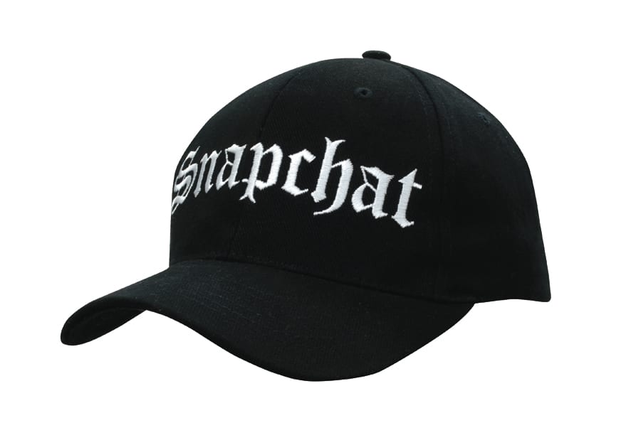 A black cap with a white embroidered logo. It features a curved brim and a snapback closure.