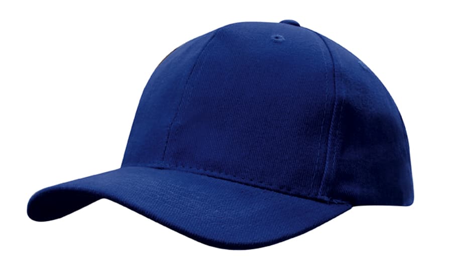 A blue brushed heavy cotton cap with a snapback style and a logo on the front.