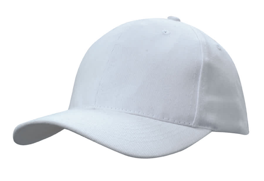 A white cap made of brushed heavy cotton features a snapback closure and has a logo displayed.