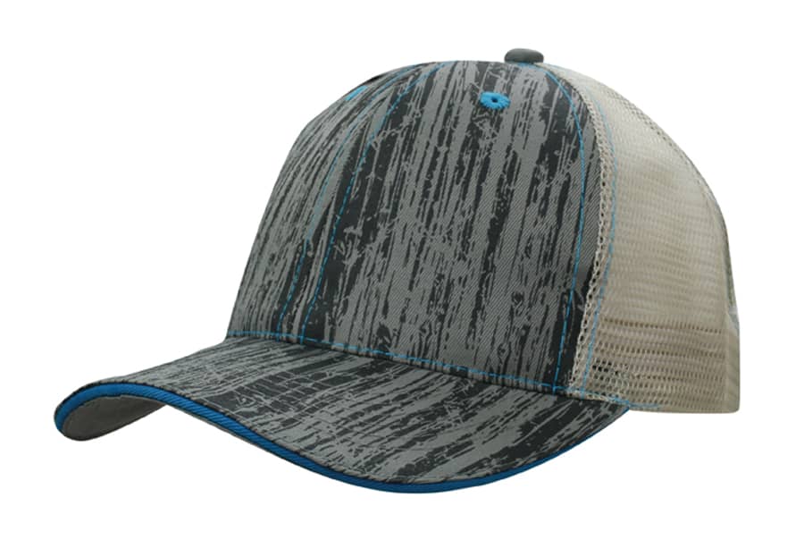 A cap featuring a wood printed design in grey with a beige mesh back and blue accents.