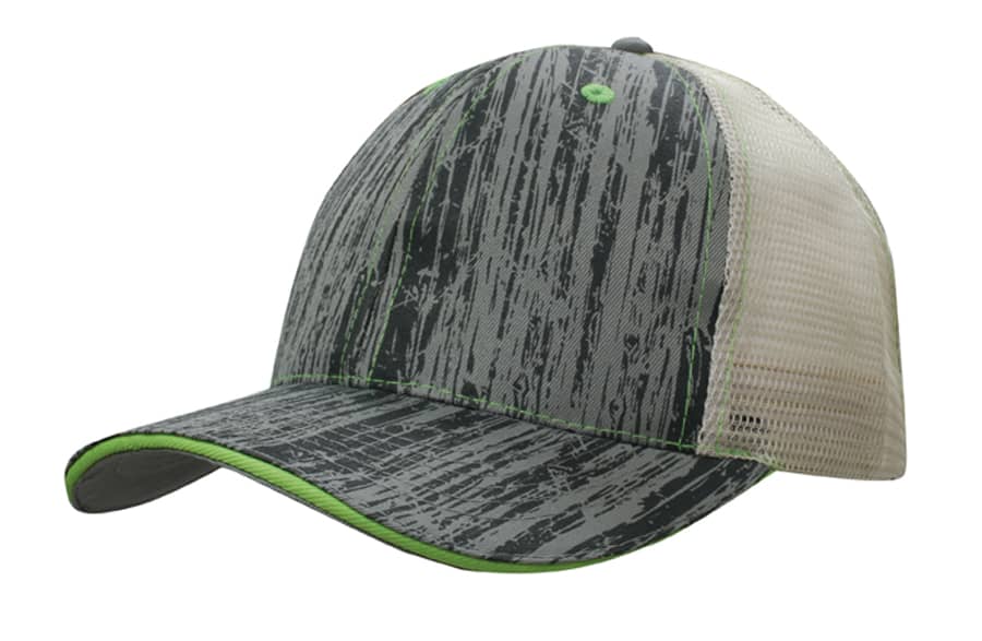 A cap featuring a wood print design with a mesh back, predominantly in grey and green tones.