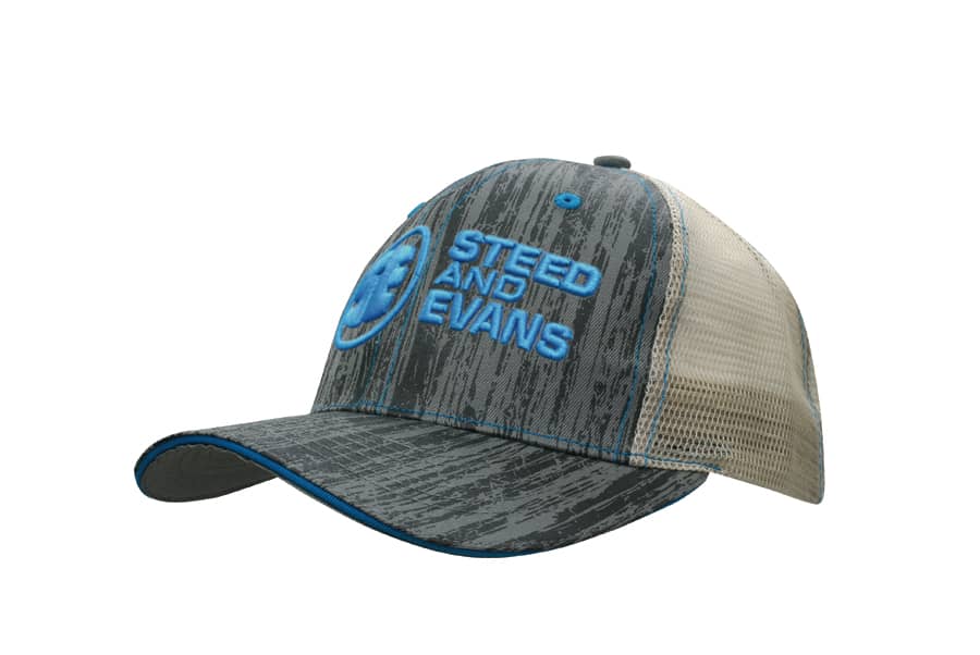 A cap featuring a wood print design, grey and beige colours, with a mesh back and a logo on the front.