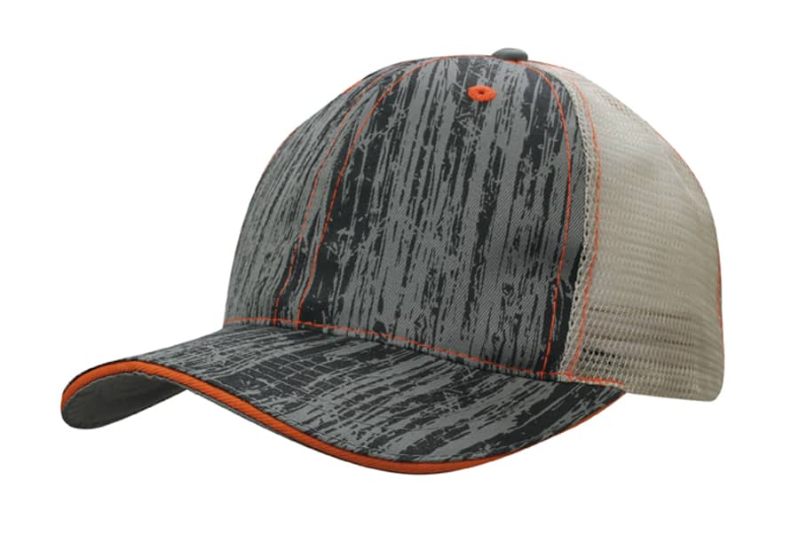 A cap featuring a wood print design in grey with orange accents and a mesh back for breathability.