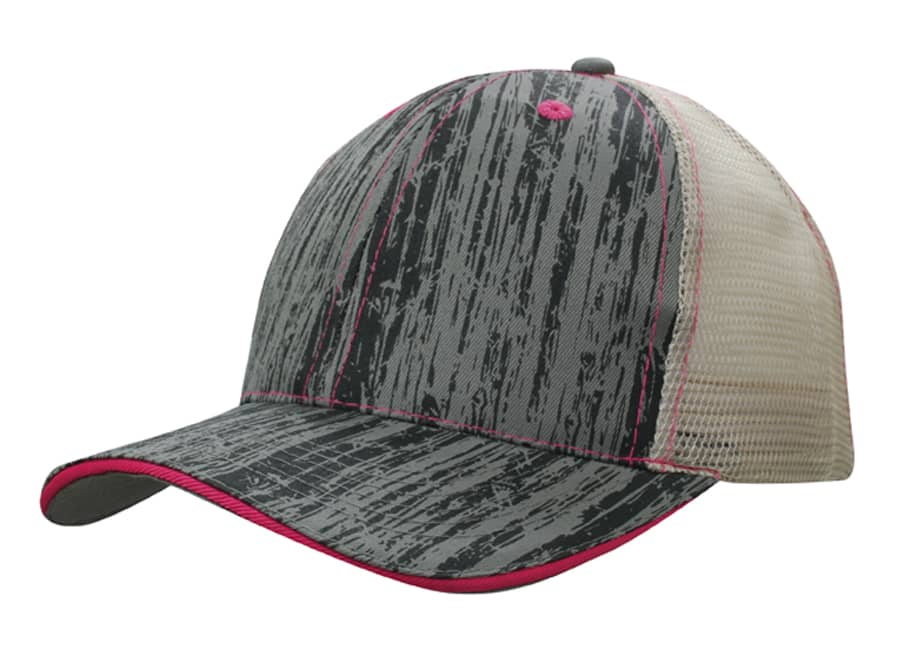 A cap featuring a wood print design in grey with a mesh back and pink accents. It has a branded logo.