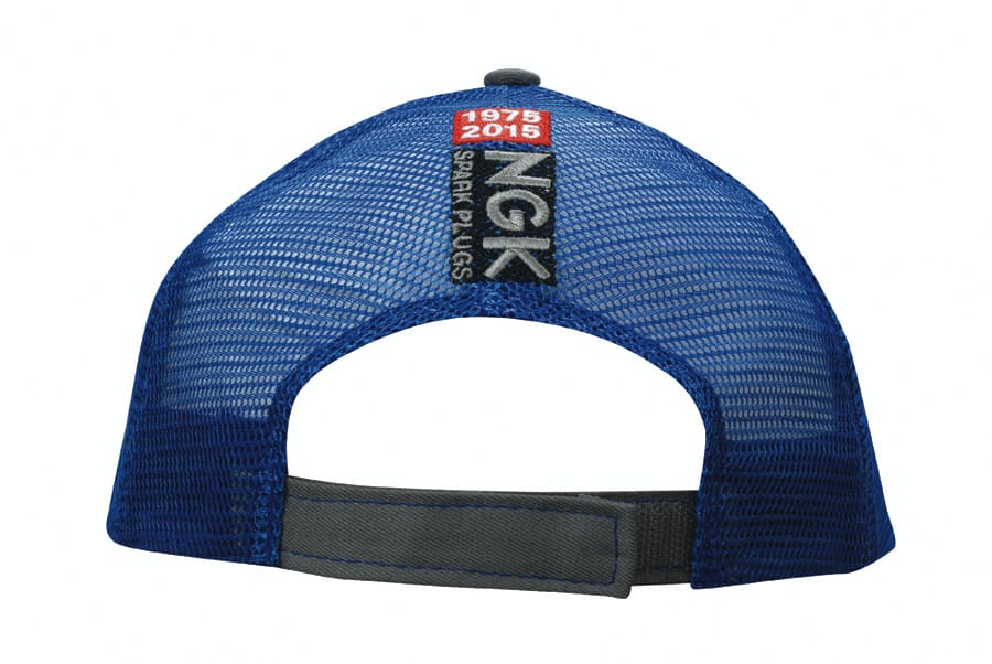 A cap with a blue mesh back, featuring a grey strap and embroidered branding on the back.
