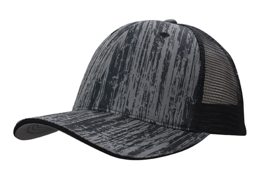 A cap featuring a wood-print design and a black mesh back. It has a curved brim and a structured shape.