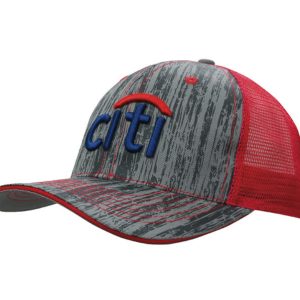 A cap featuring a grey wood print design with a red mesh back and a blue logo on the front.