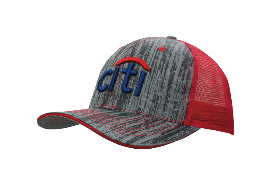 A cap featuring a grey wood print design with a red mesh back and a blue logo on the front.