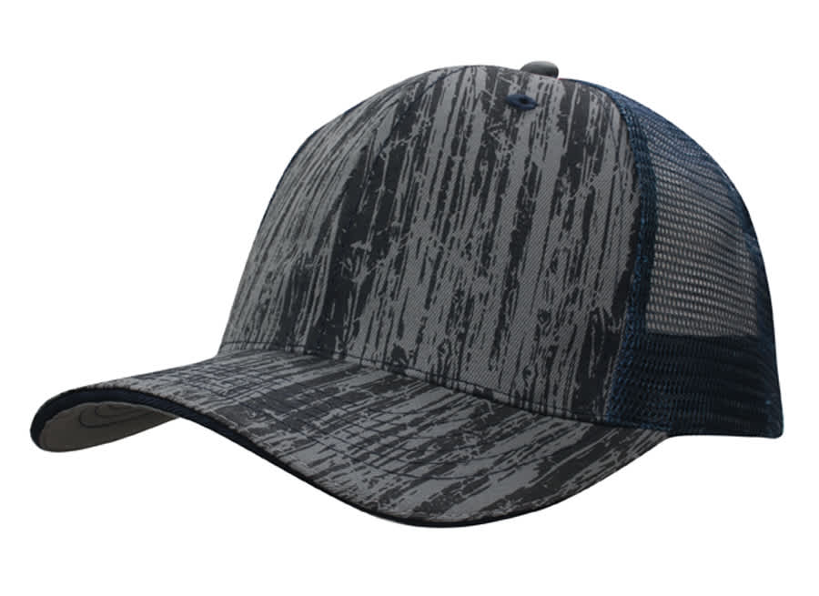 A cap featuring a wood print design with a blue mesh back, showcasing a blend of grey and blue colours.