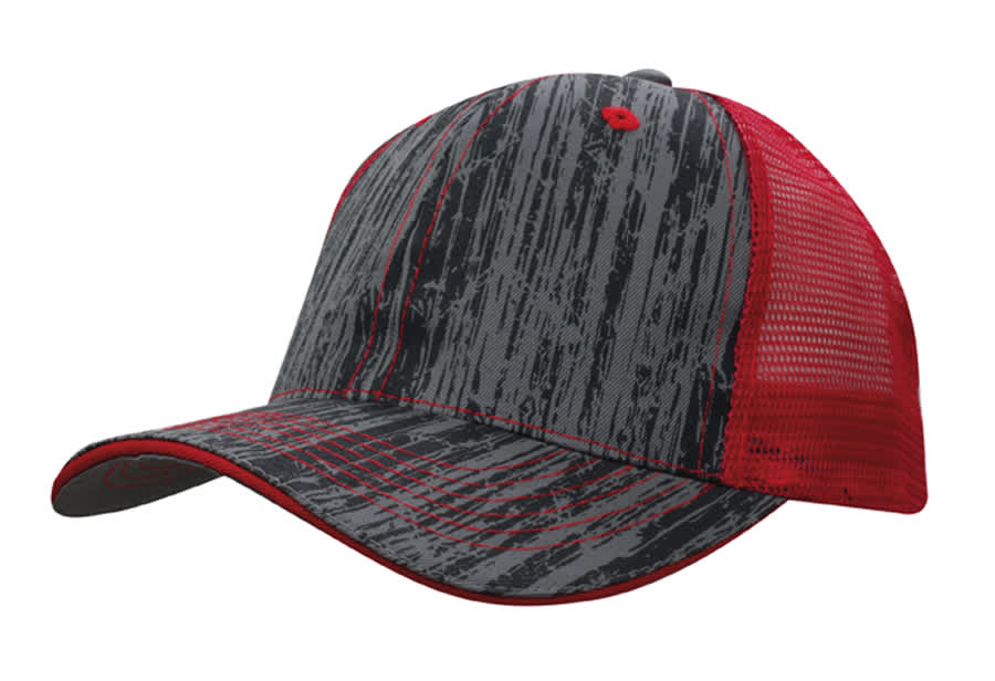 A cap featuring a wood printed design in grey with a red mesh back and a contrasting red trim.
