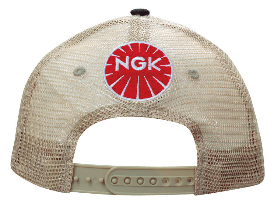 A beige cap with a soft mesh back and a round logo on the back.