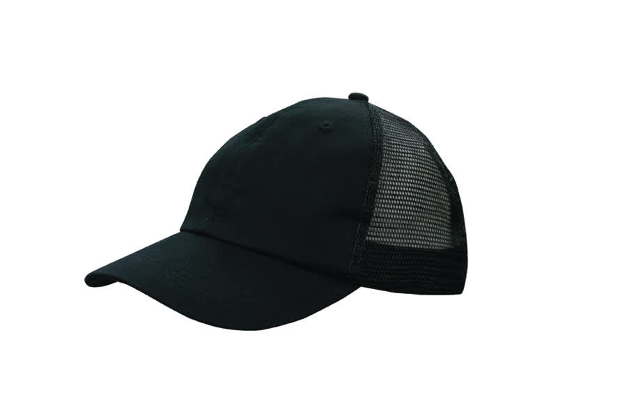A black cap featuring soft mesh panels at the back and a curved brim. It includes a logo on the front.