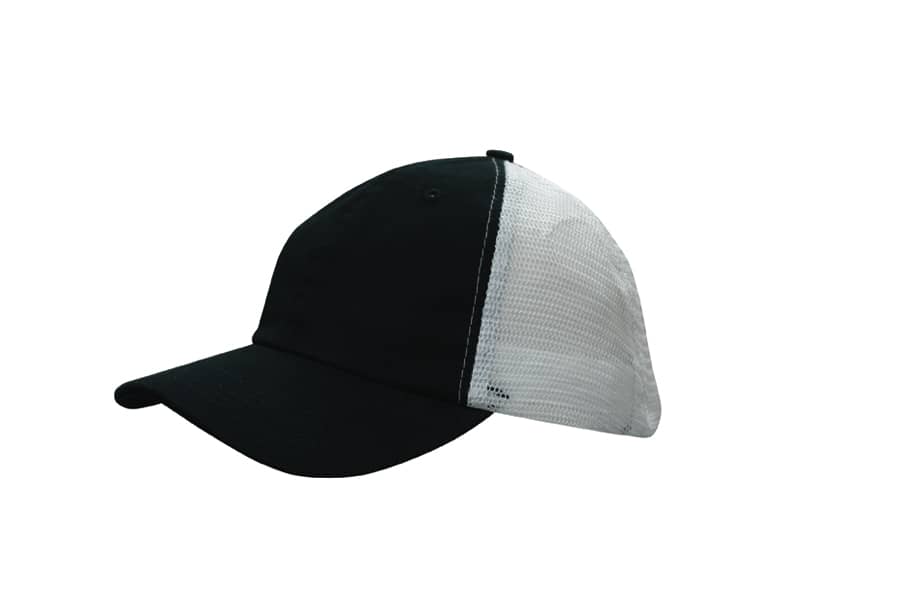 A black cap with a white soft mesh panel, featuring a logo on the front.
