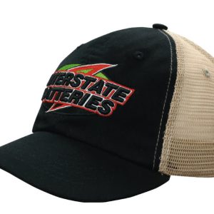 A black cap with a soft mesh back featuring a logo on the front.