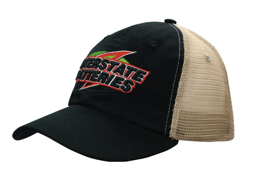 A black cap with a soft mesh back featuring a logo on the front.