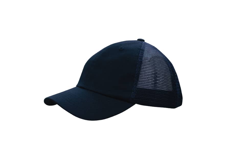 A navy blue cap featuring a soft mesh back and a curved brim, with a logo on the front.