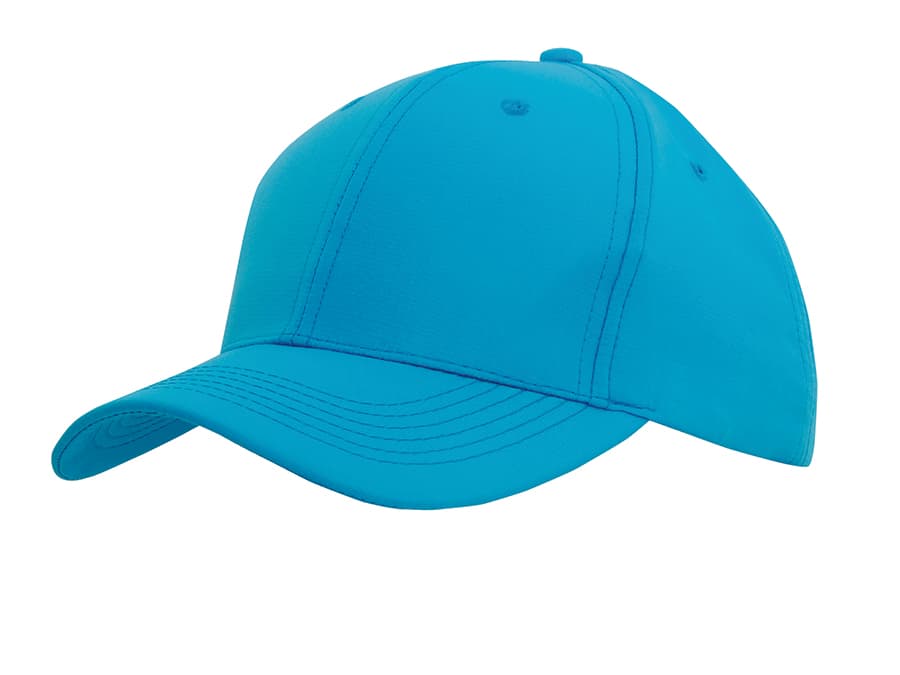 A bright turquoise cap with a structured design, featuring a logo on the front.