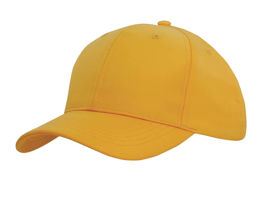 A yellow cap with a curved brim and a top button, featuring a logo on the front.
