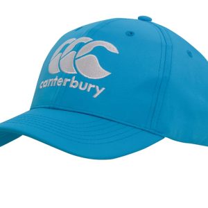 A blue sports cap with an embroidered logo, featuring a curved brim and adjustable strap at the back.
