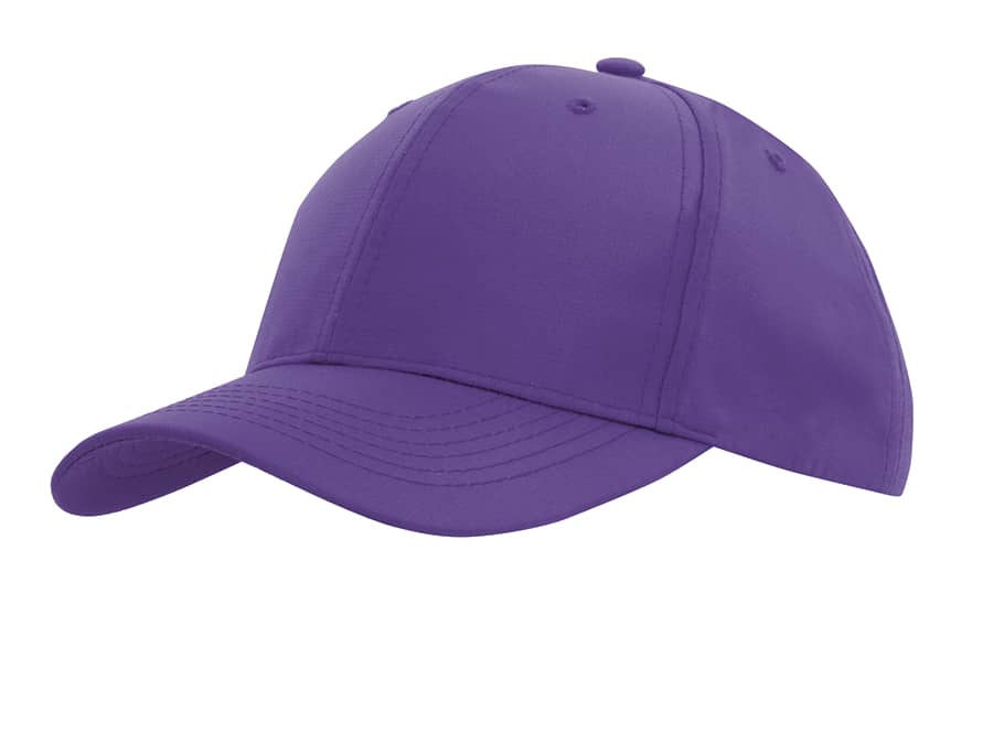 A purple sports cap with a curved brim, featuring a logo on the front.