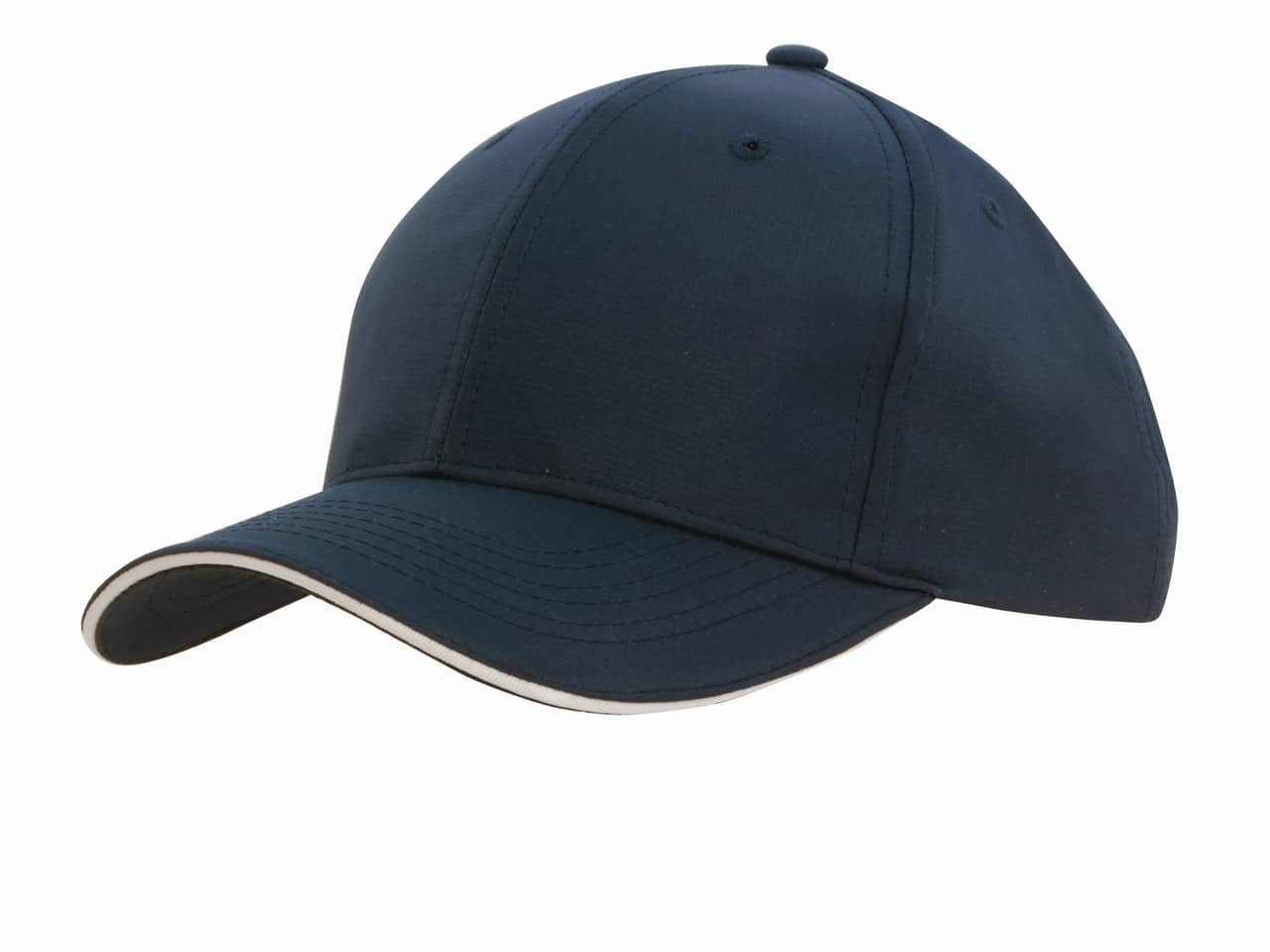 Navy blue structured baseball cap with white contrast trim on the curved brim, angled front view on a white background.