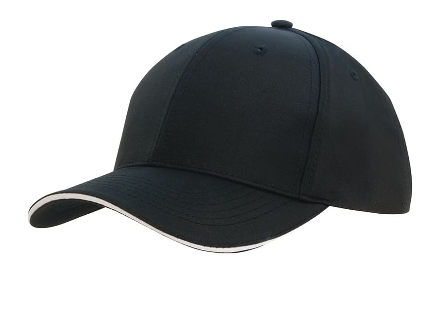 A black sports cap with sandwich trim and a logo, featuring a classic curved brim design.