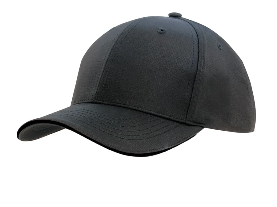 A black sports cap featuring a sandwich trim, with a curved peak and an attached logo.