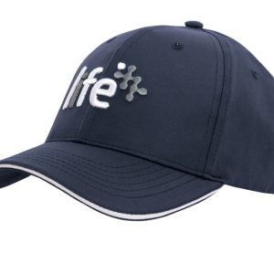 A navy cap featuring sandwich trim and a logo on the front, designed for sports and casual wear.