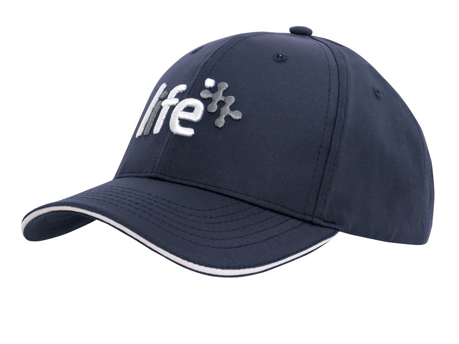 A navy cap featuring sandwich trim and a logo on the front, designed for sports and casual wear.