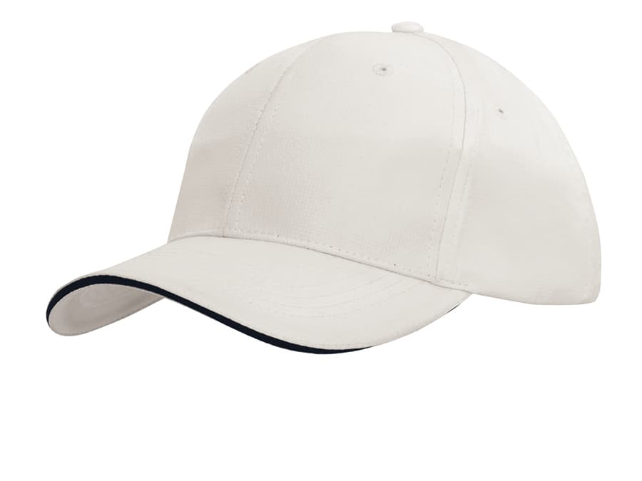 A navy blue cap with a sandwich trim, featuring a curved peak and a logo on the side.