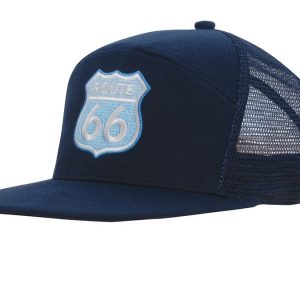 A blue Premium American Twill A Frame cap with a mesh back and a logo featuring a route sign.
