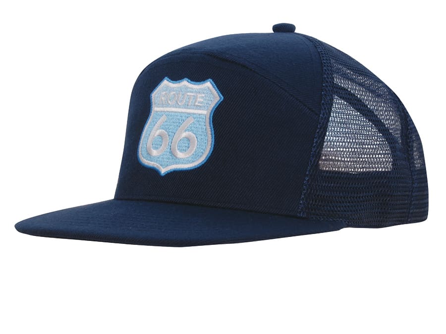 A blue Premium American Twill A Frame cap with a mesh back and a logo featuring a route sign.