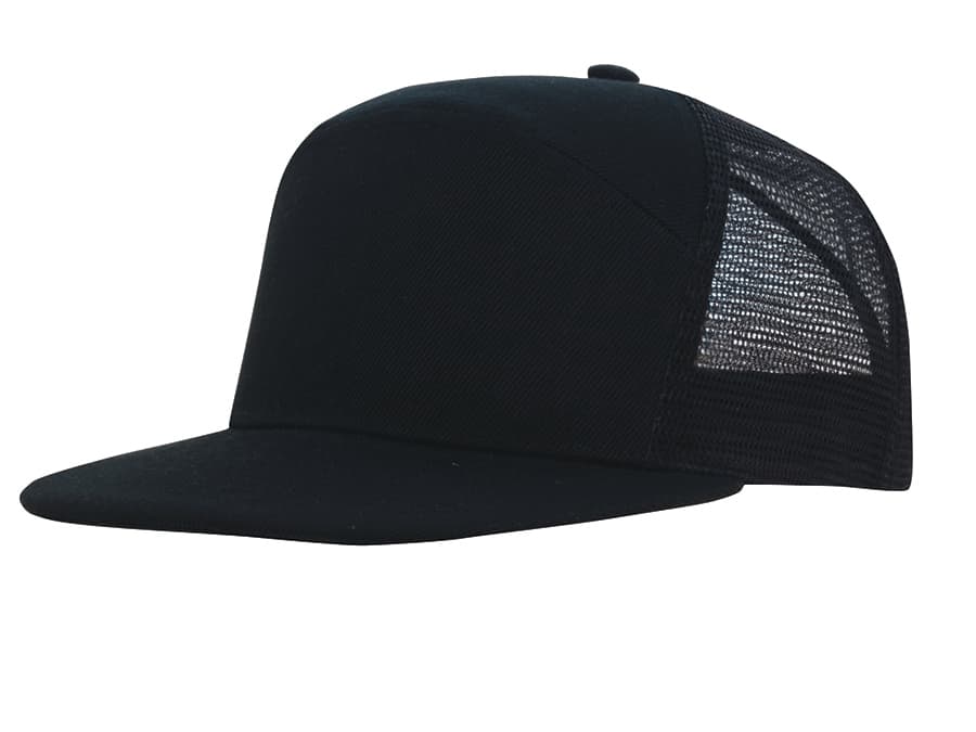 A black premium American twill A-frame cap with a mesh back, featuring a logo on the front.