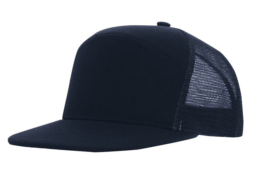 A navy blue A-frame cap with a mesh back and a solid front panel, featuring a logo.