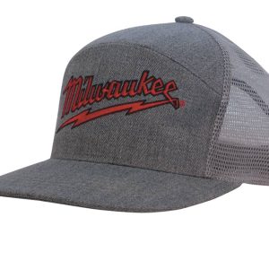 A grey A-frame cap featuring a mesh back and an embroidered logo.