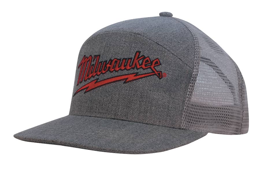 A grey A-frame cap featuring a mesh back and an embroidered logo.