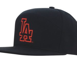 A black A-frame cap with an embroidered logo in red. It features a flat brim and a structured design.