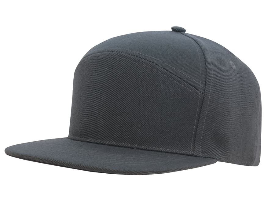 A dark grey premium American twill A-frame cap with a structured design and a flat brim, featuring a logo.