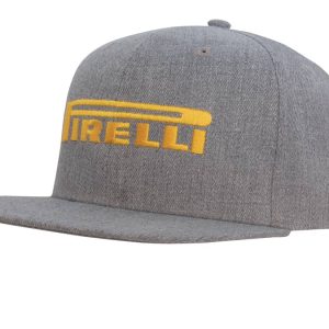 A grey flat peak cap with a yellow logo on the front, featuring a structured design and a wide brim.