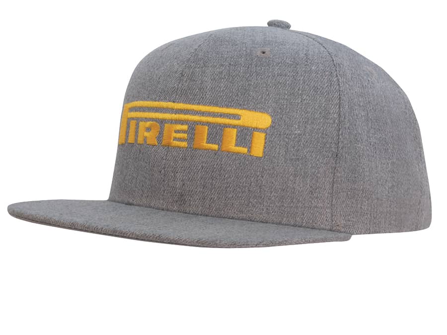 A grey flat peak cap with a yellow logo on the front, featuring a structured design and a wide brim.