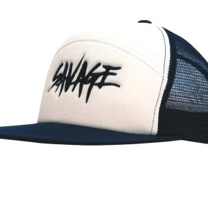A foam front A-frame cap in white with a black mesh back and a logo on the front.