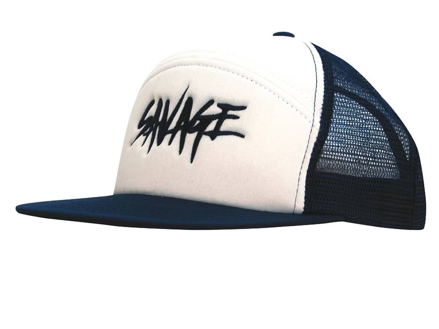 A foam front A-frame cap in white with a black mesh back and a logo on the front.