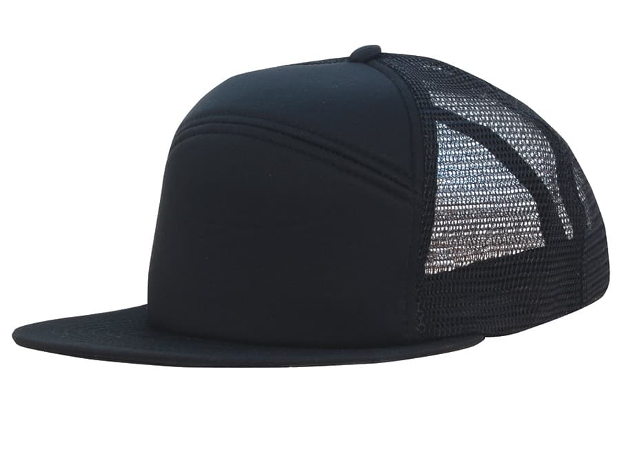 A black foam front A-frame cap with a mesh back, featuring a curved brim and a logo.