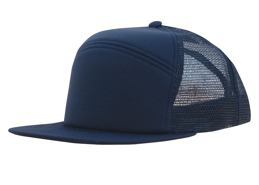 A navy blue foam front A-frame cap with a mesh back and a curved visor, featuring a logo.
